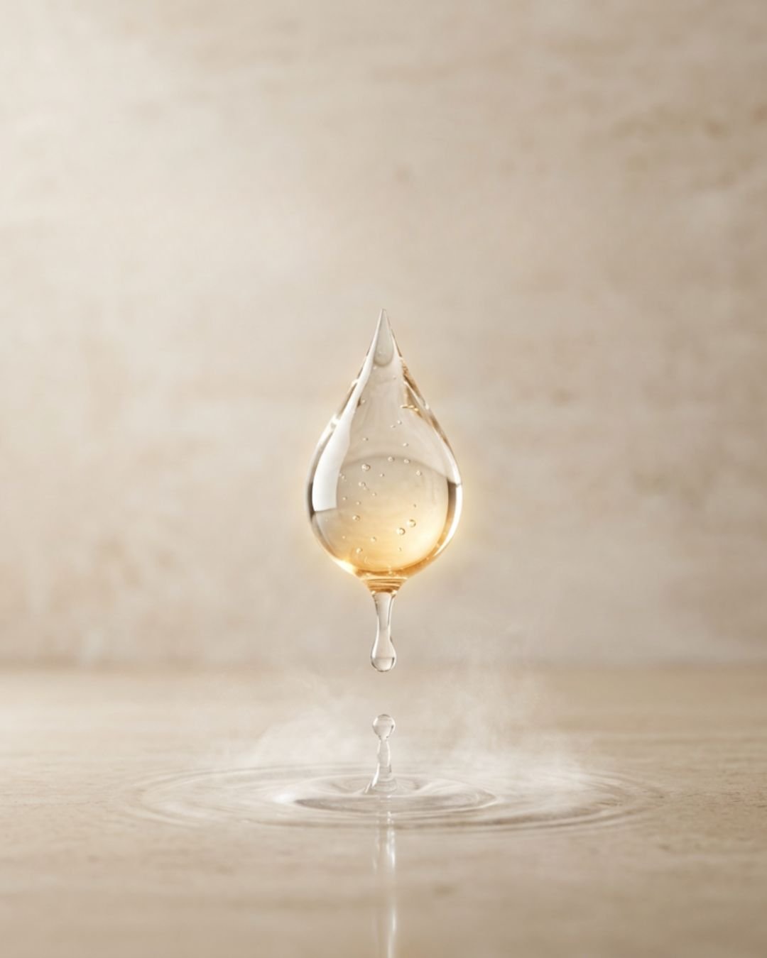 A single amber droplet suspended above the surface of still water on a warm plaster ground.
