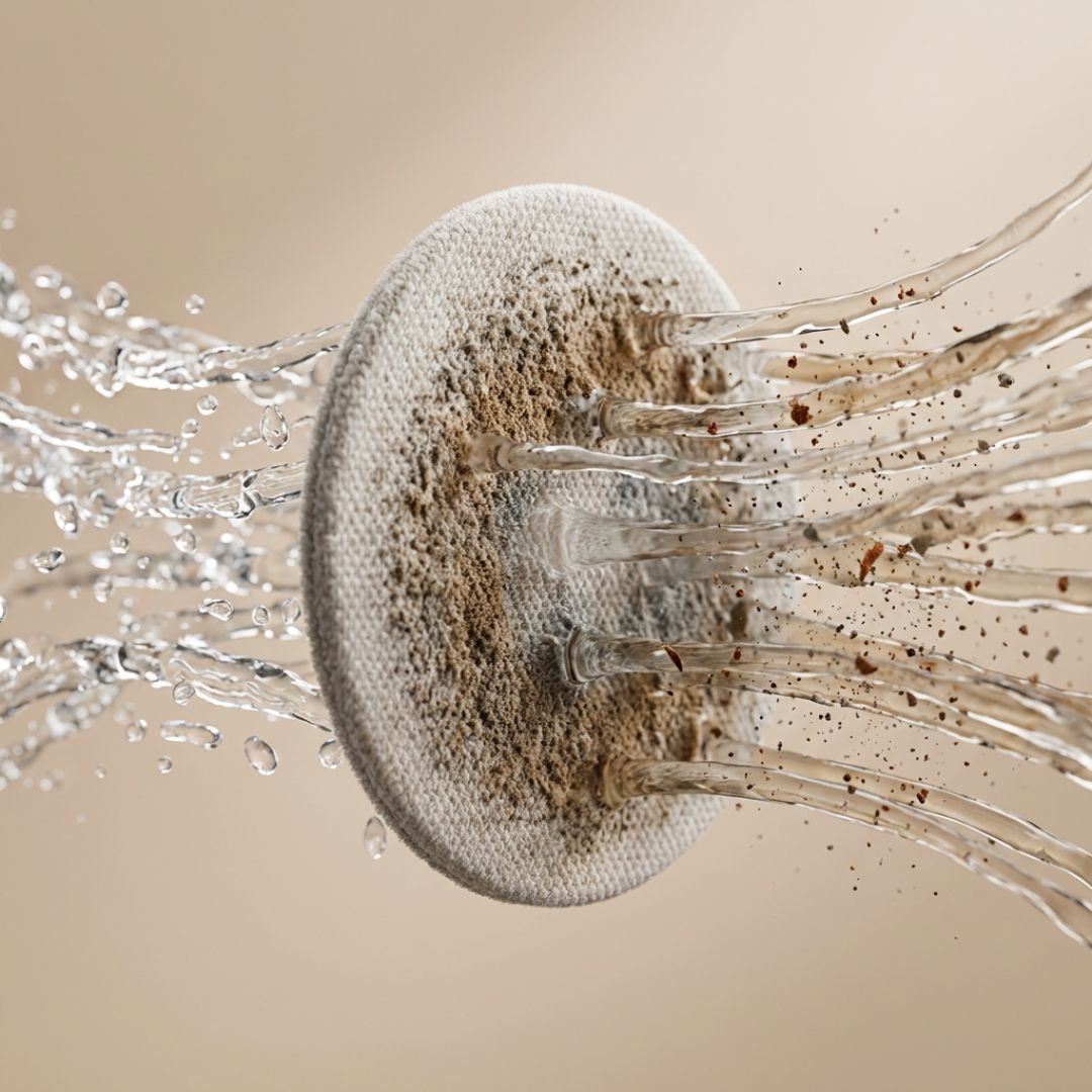 A micro-fabric filter disc holding brown sediment, with water passing through it.