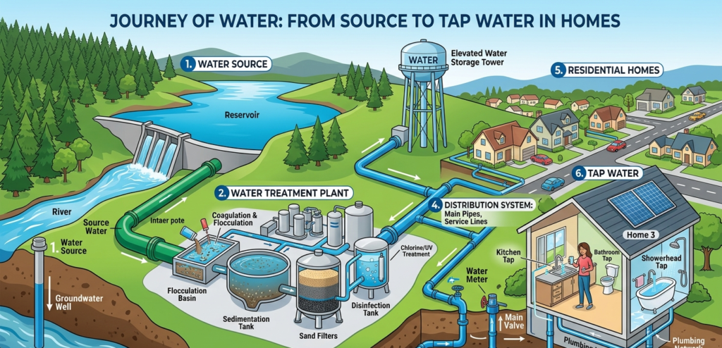 Water treatment plant processing tap water before distribution