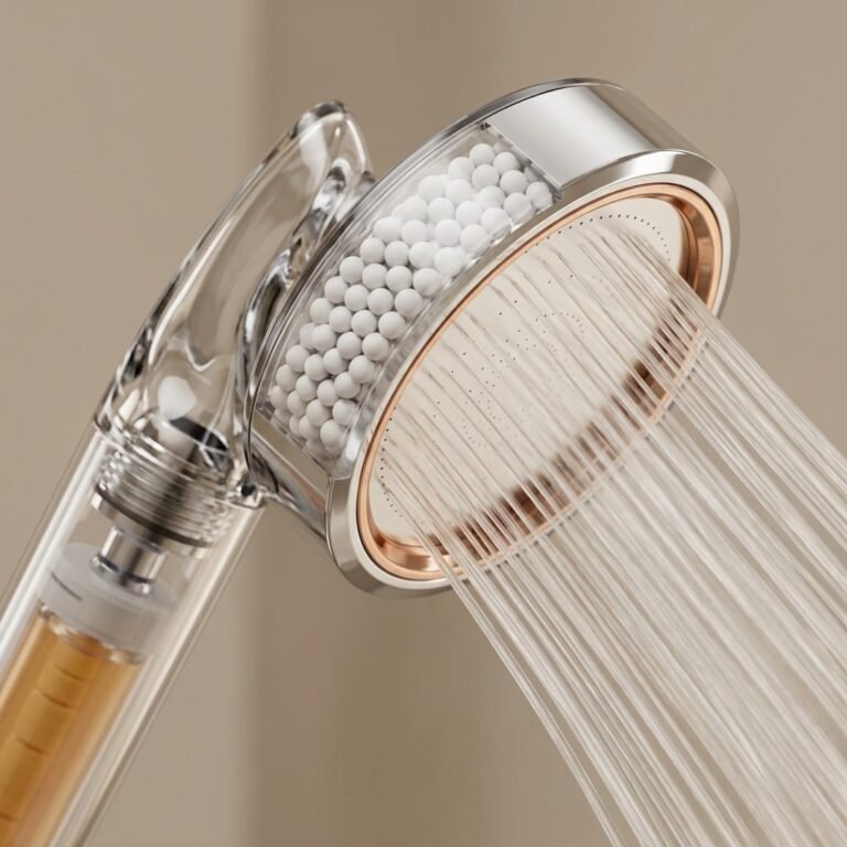 Water running through a Suhae shower head, with the filter media visible inside the clear housing