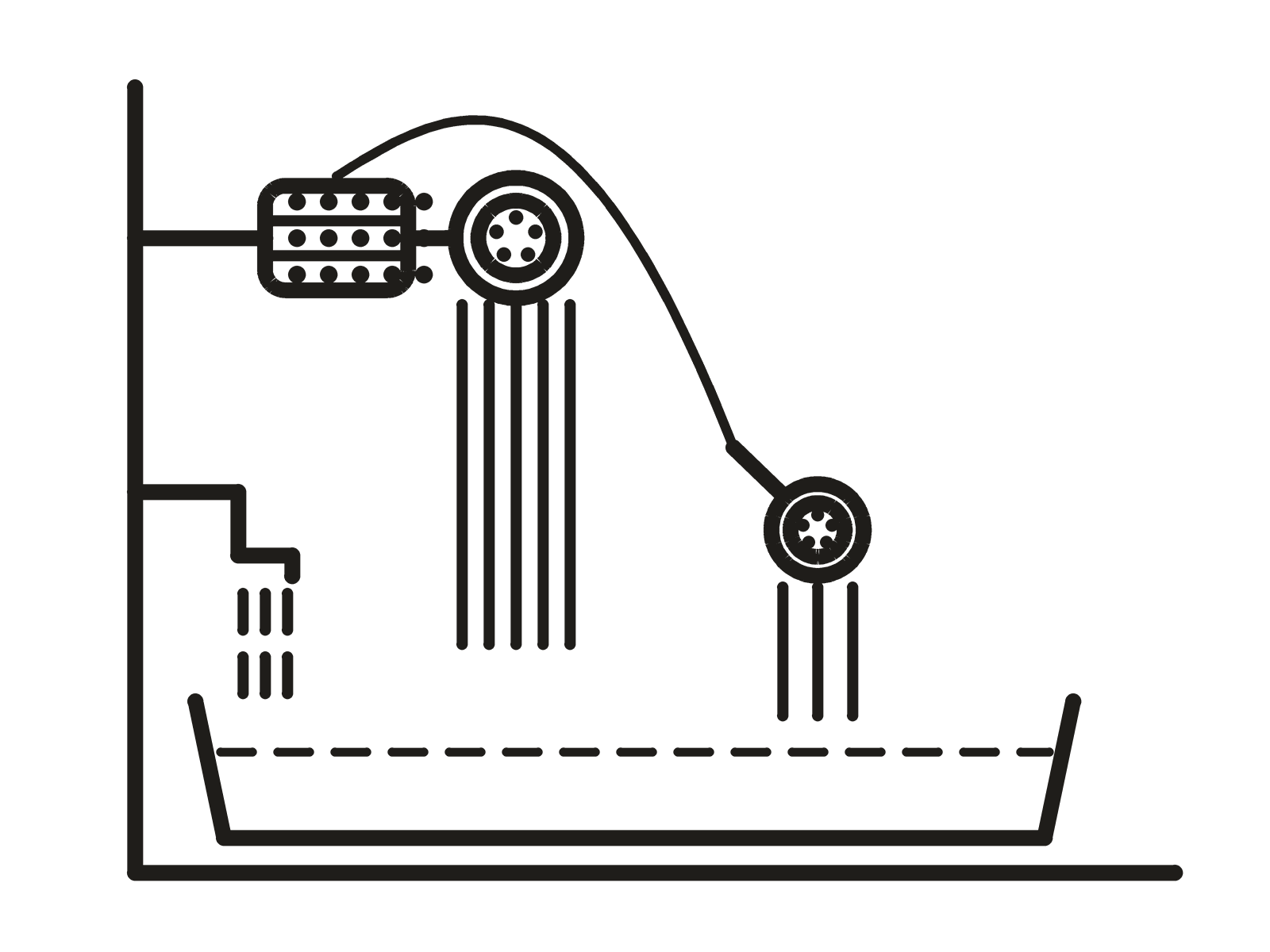 One wall in section. An inline cylinder sits between the arm and the head, with unbroken lines falling from the head. Lower on the same wall a spout drains into the tub in dashed lines.